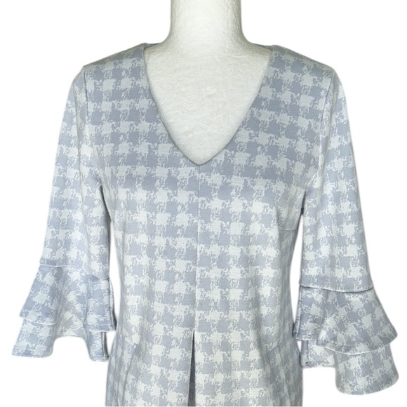 Tyler Boe Blue & White Houndstooth Gingham Print Bell Sleeve Knit Mini Dress - S - Picture 2 of 12